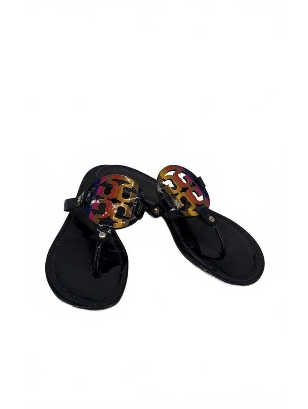 Tory Burch Miller Navy Blue Patent Leather Multi Color Logo Sandals Size 10.5